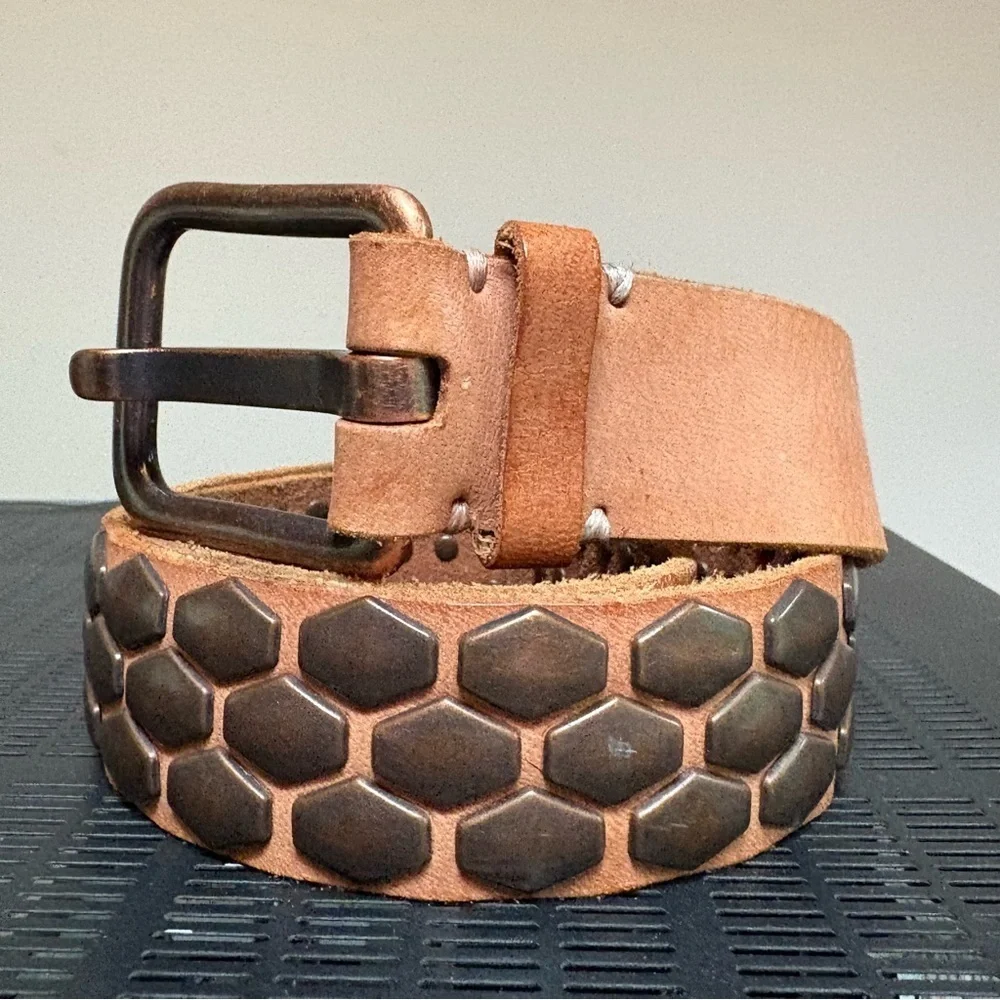 Leather Unisex Tan Metal Studded Waist Belt Sz.S